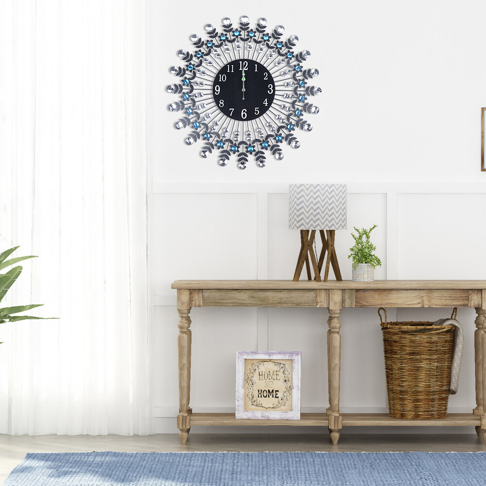 Modern Crystal Wall Clock Black 23.62inch Non Ticking Silent Clock Wall Decor