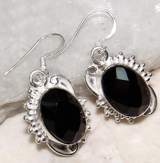 Natural Faceted Black Tourmaline 925 Sterling Silver Earrings Jewelry @B19-9
