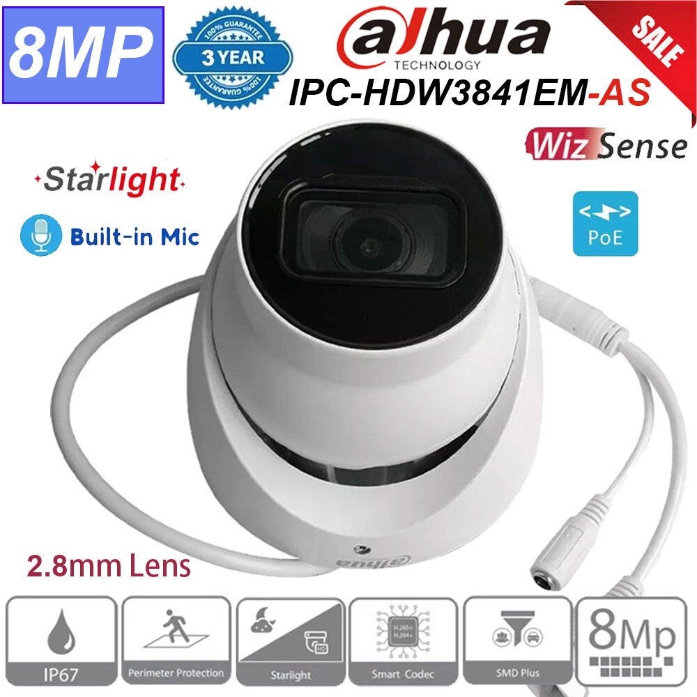 Dahua 4K 8MP Starlight AI SMD+ MIC H.265 PoE Eyeball IP Camera IPC-HDW3841EM-AS
