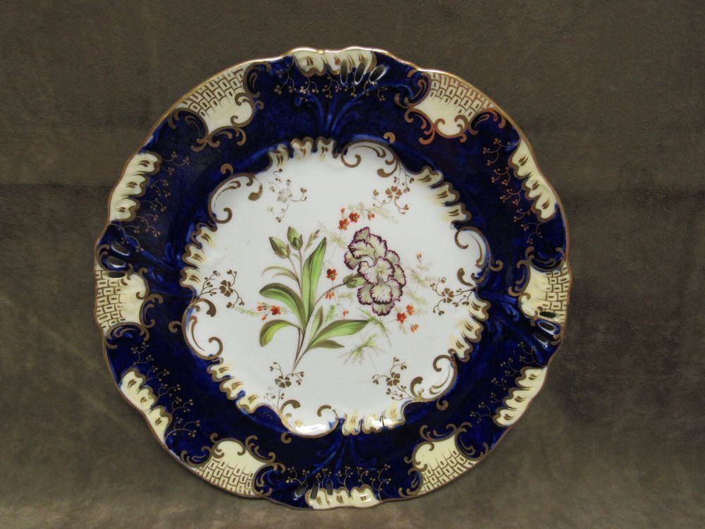 Victorian hand Decorated Flow Blue Border Carnation Flower Gilt Porcelain Plate