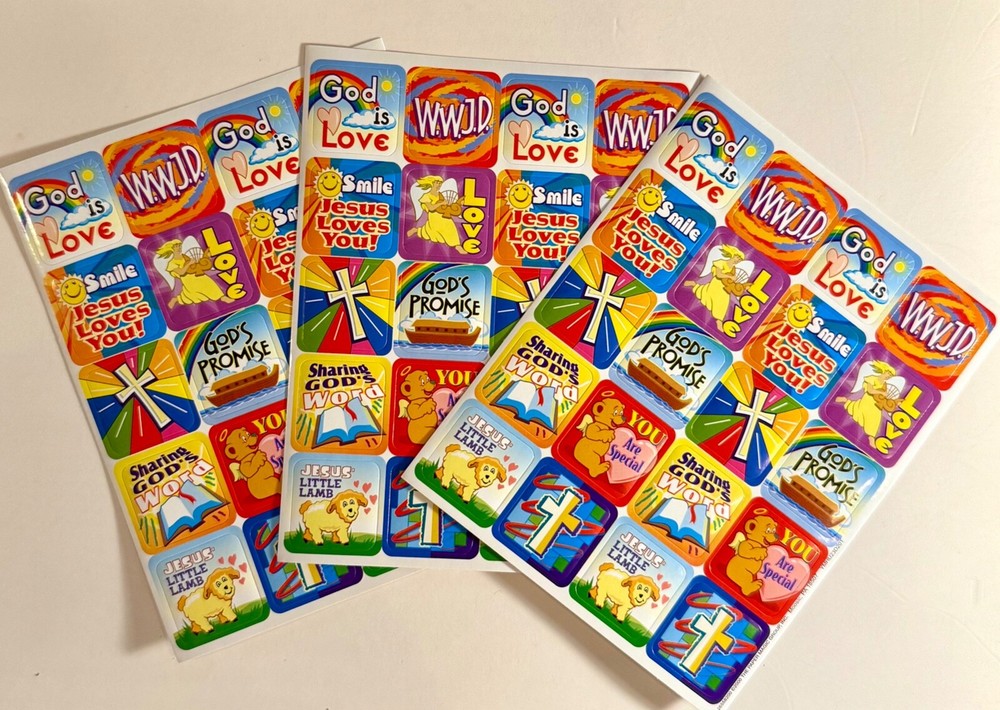 VINTAGE Religious Smile Love God Jesus Rainbow Cross Lamb STICKERS Sheet WWJD