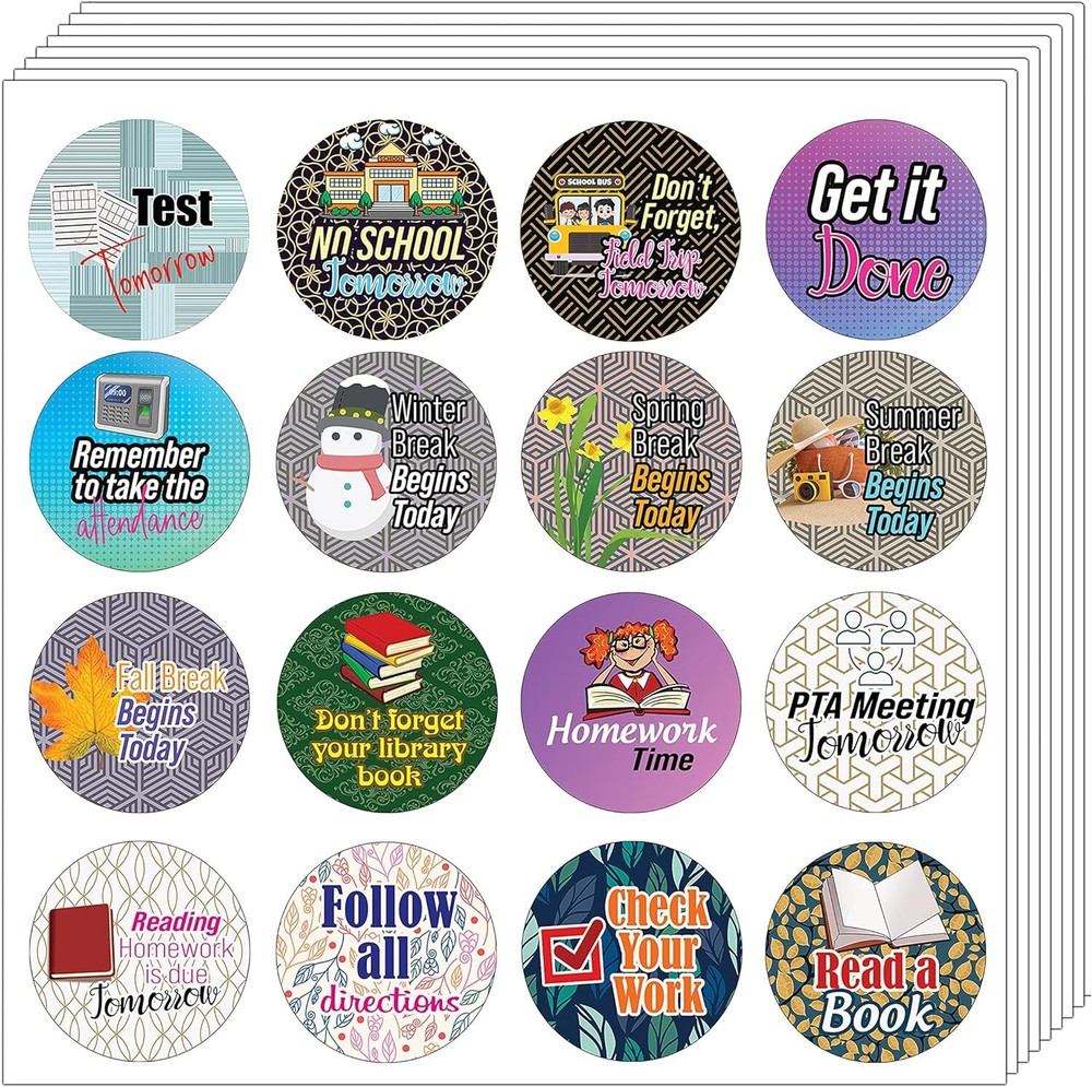 Creative School Reminder Stickers - 5 Sets with 16 Unique Designs Each