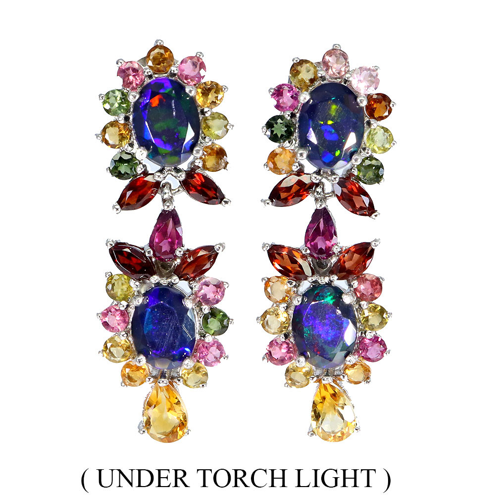 Valentine 925 Silver Earrings with Black Opal and 8x6mm Tourmaline Gemstone
