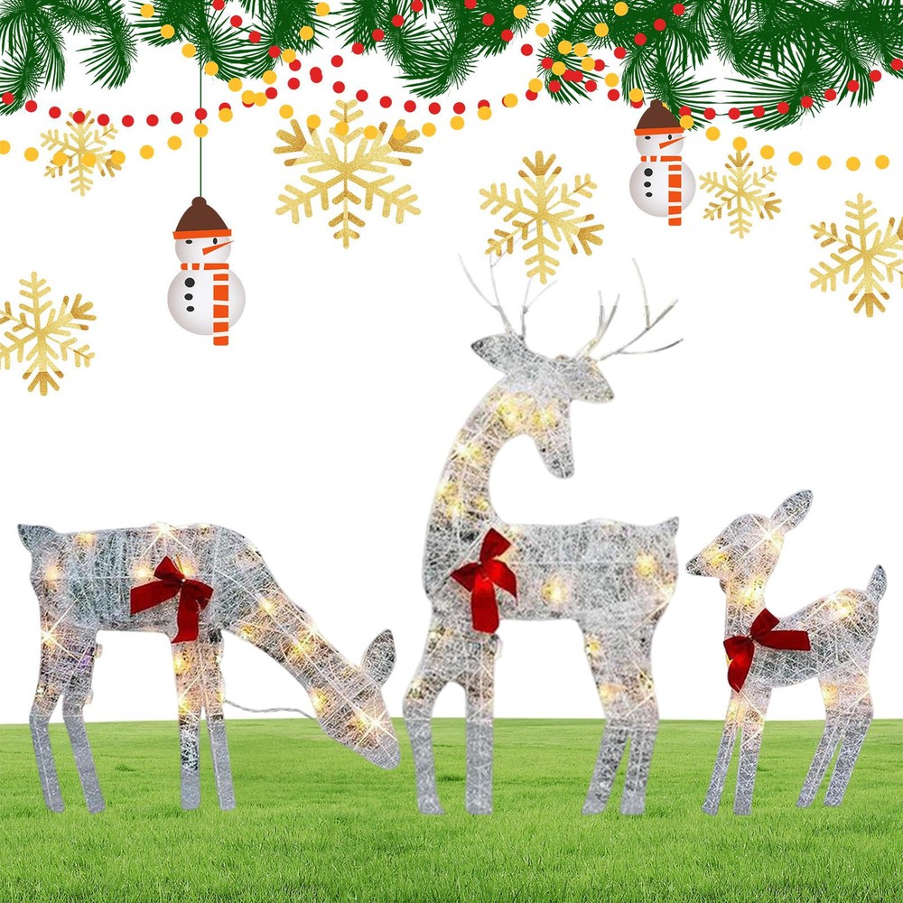 1x Christmas Decorations Lighted Reindeer Light-up Glitter White Deer Family