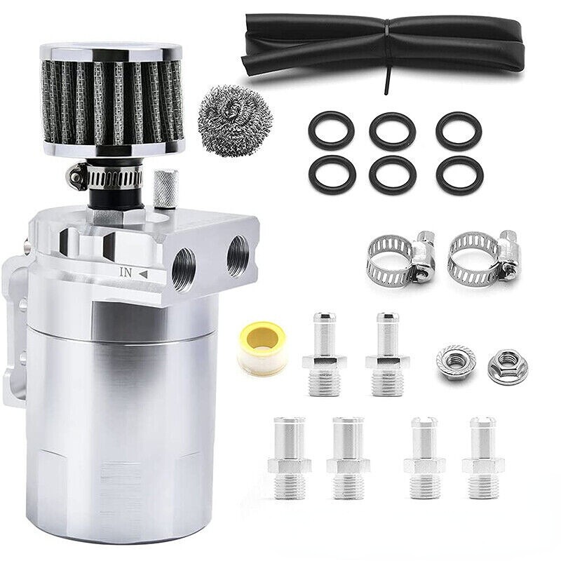 Oil Catch Can Kit Reservoir Baffled Tank with Breather Filter Universal Sliver