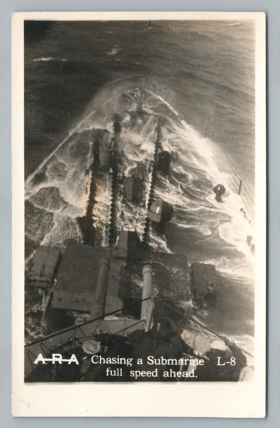 Navy Destroyer Chasing Submarine Full Speed RPPC Antique Photo 1910s