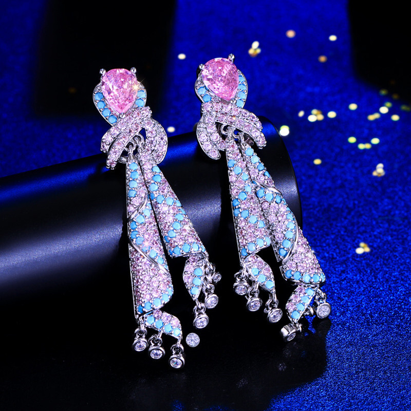 Elegant Silver Plated Pink Blue Turquoise Long Drop Earrings Zircon Jewelry Gift