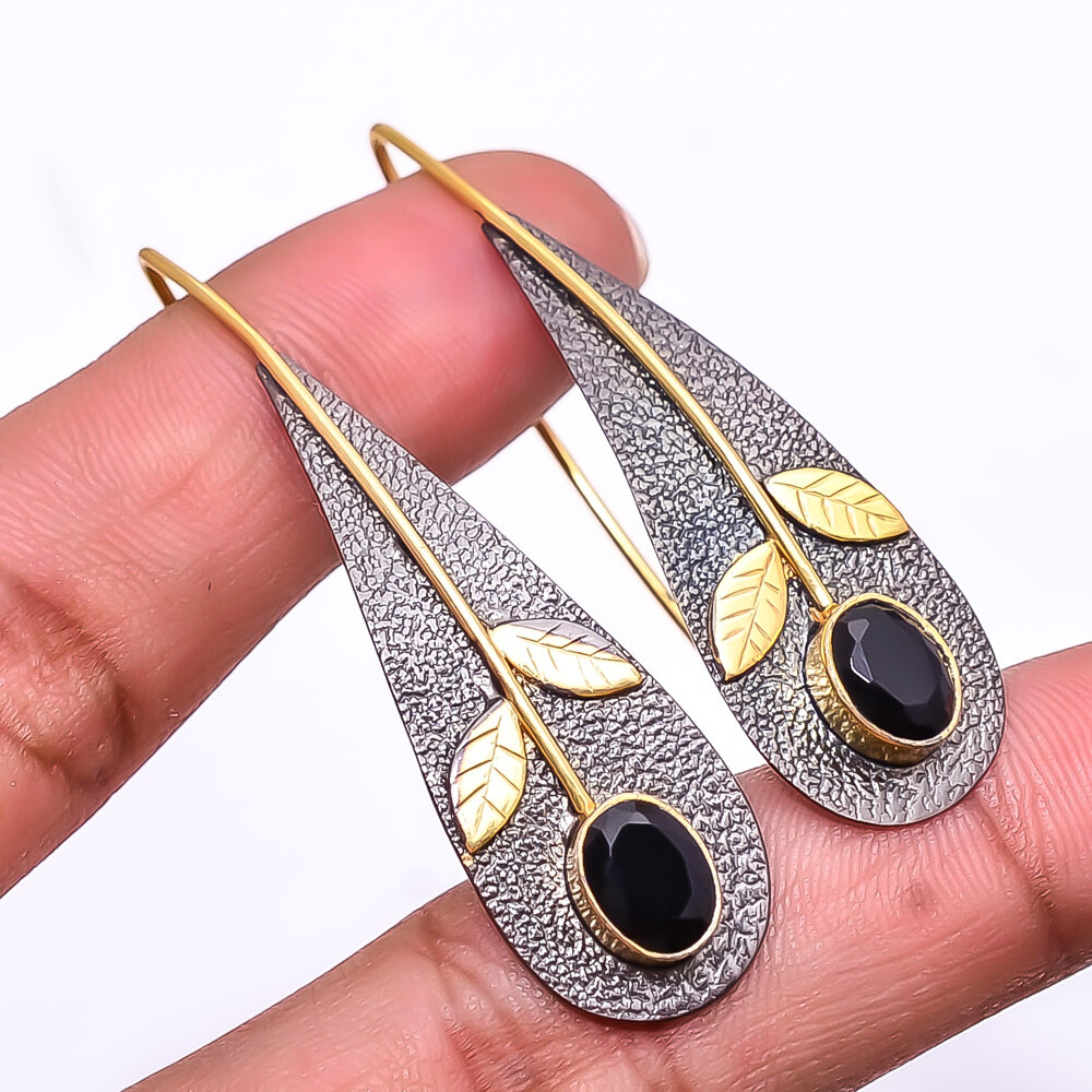 Black Onyx 925 Silver Black & Gold Rhodium Plated Earring 2.15