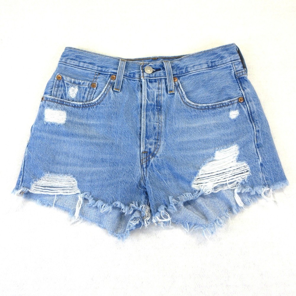 Levi's 501 Shorts Women 26 Blue Distressed Denim High Rise Cut Off Frayed Hem
