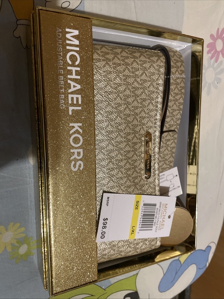 Michael Kors Faux Leather Adjust Belt Bag/Fanny Pack MK Logo L/XL Gold Color NIB