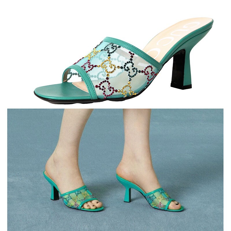 Gucci Teal Mesh Multicolor Crystal GG Mid-Heel Slide Sandals New $1050