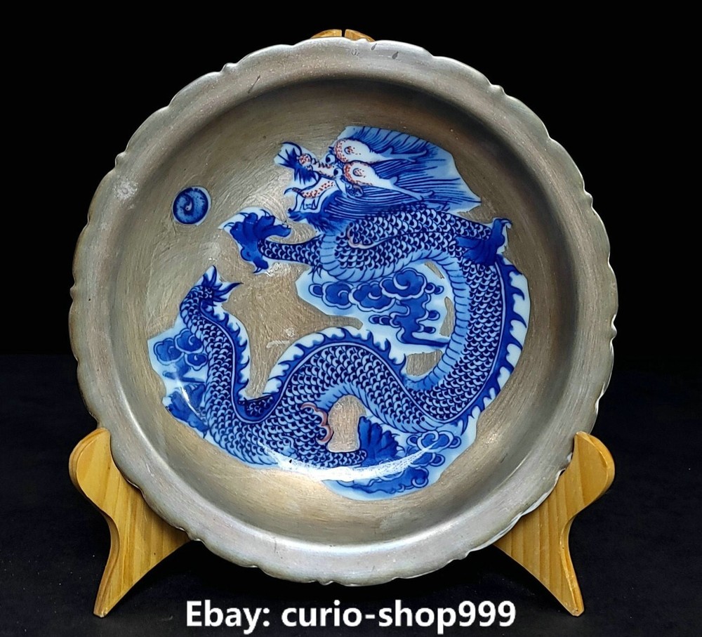 8.6 Inch Dynasty Blue White Porcelain Feng Shui Dragon Beast Animal Decorative Tray Plate Dish