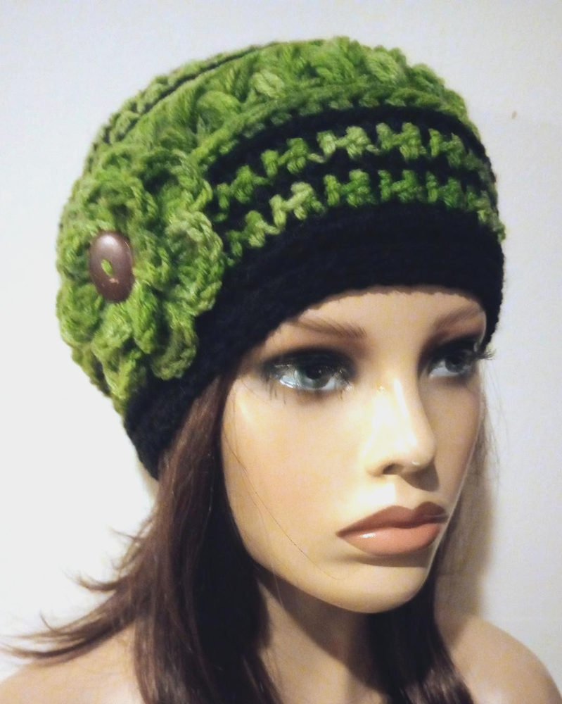 crochet handmade womans flower hat beanie green tones puffs USA new