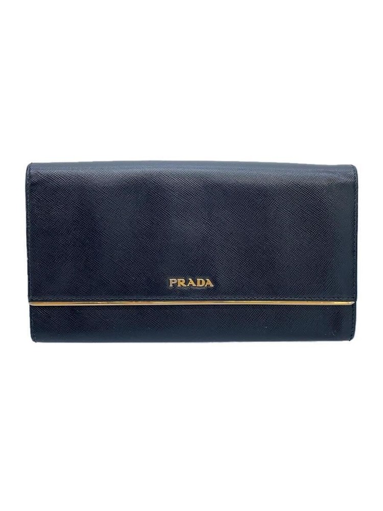 PRADA Flap Long Wallet Leather Black Ladies Metal Coating Peeling