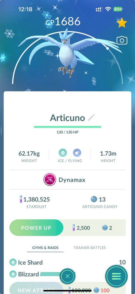Shiny Dynamax Articuno trade 1M stardust unregistered