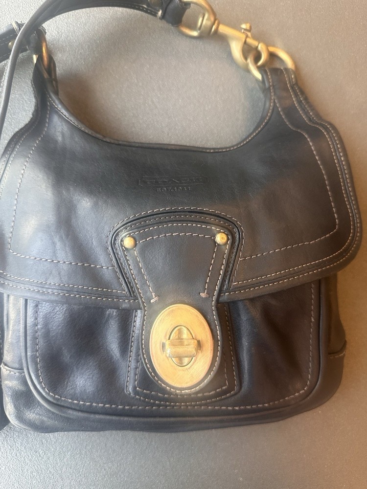Vintage Coach Black Leather Turnlock Shoulder Bag with Brass Hardware 90s Y2K Rare USA Made