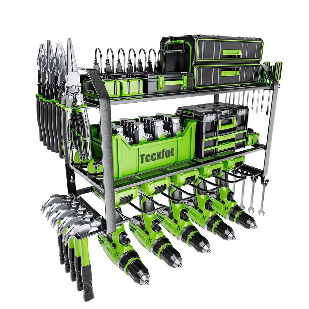 3-Layer Wall-Mounted Power Tool Organizer with 5 Slots for Drills and Accessories