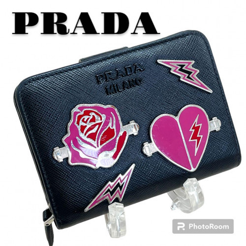Authentic Prada Black Leather Bifold Wallet with Rose Heart Design