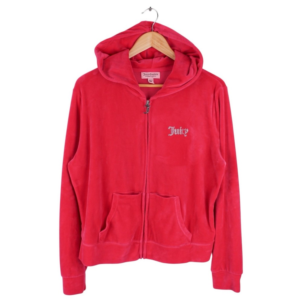 Vintage Juicy Couture Velour Zip Hoodie Pink Rhinestone Logo Women’s Size XL
