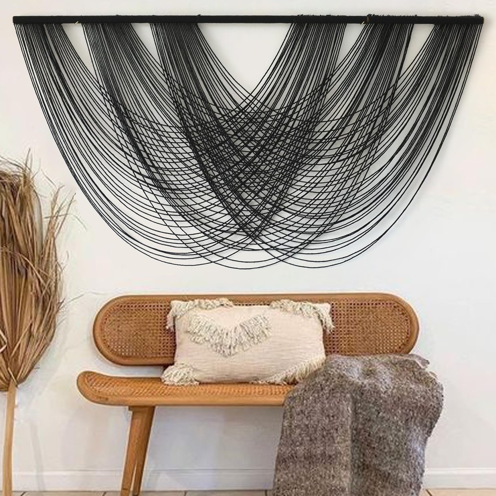 Bohemian Macrame Wall Hanging 59W x 31L Large Black Yarn Decor