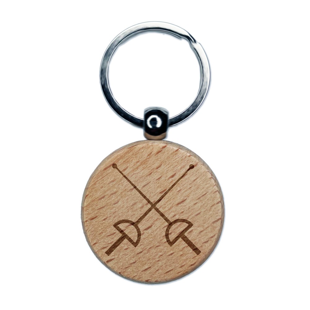 Crossed Fencing Swords Foil Engraved Wood Round Keychain Tag Charm