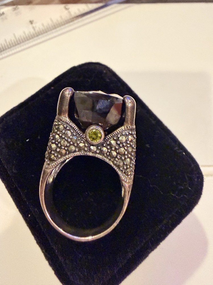 Sterling Silver 925 Large Smoky Quartz Statement Ring Marcasite Green Accent