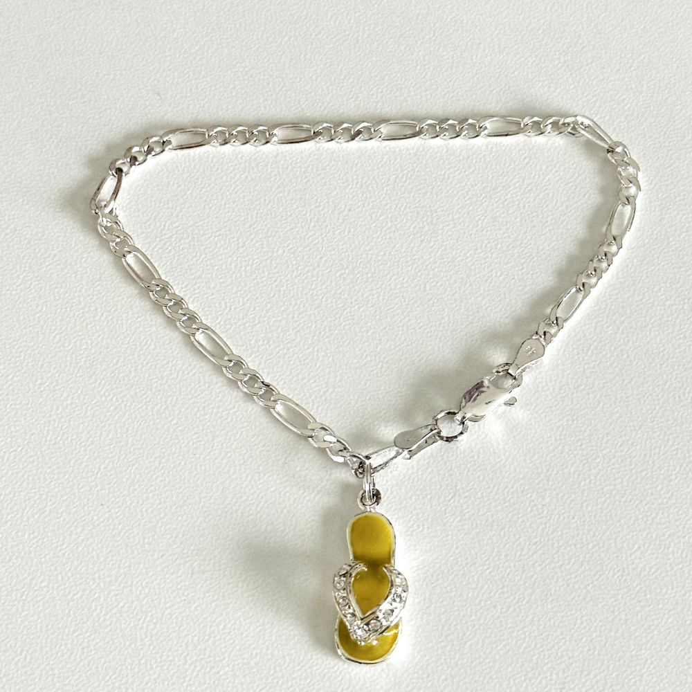 Vintage Italian 925 Sterling Silver Yellow Enamel Flip Flop Charm Bracelet 7 Inch