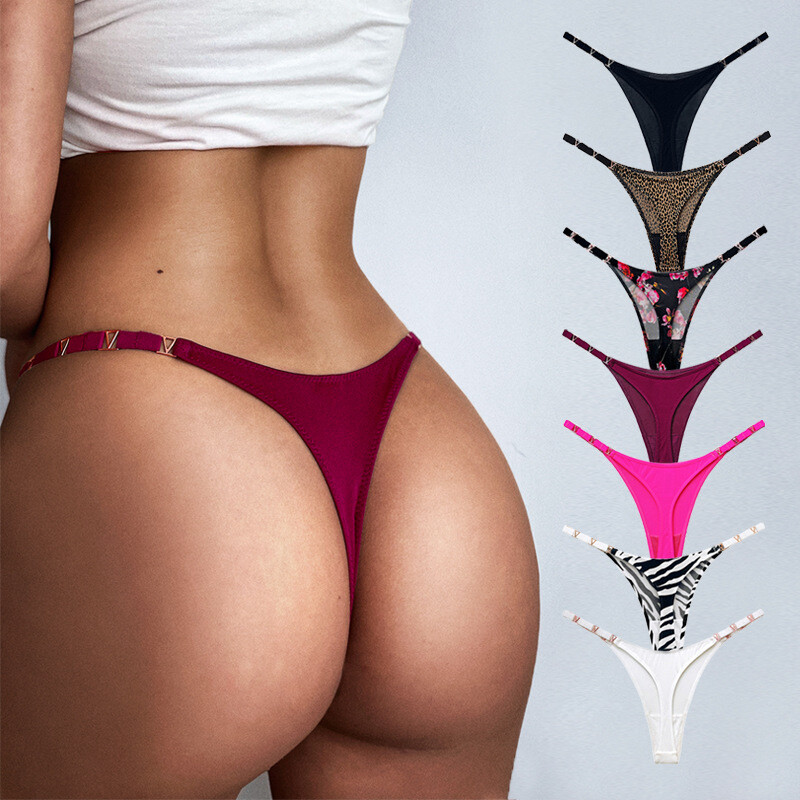 Women's Metal Decoration Ice Silk Hip Lift Low Waist High Fork Fitness Thong