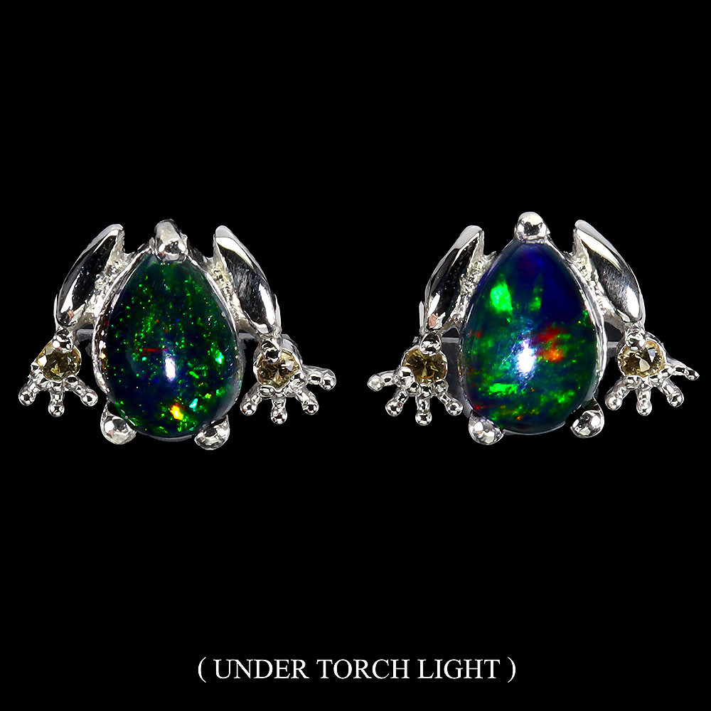 Valentine 925 Silver Frog Earrings with Black Opal and Sapphire Gemstones