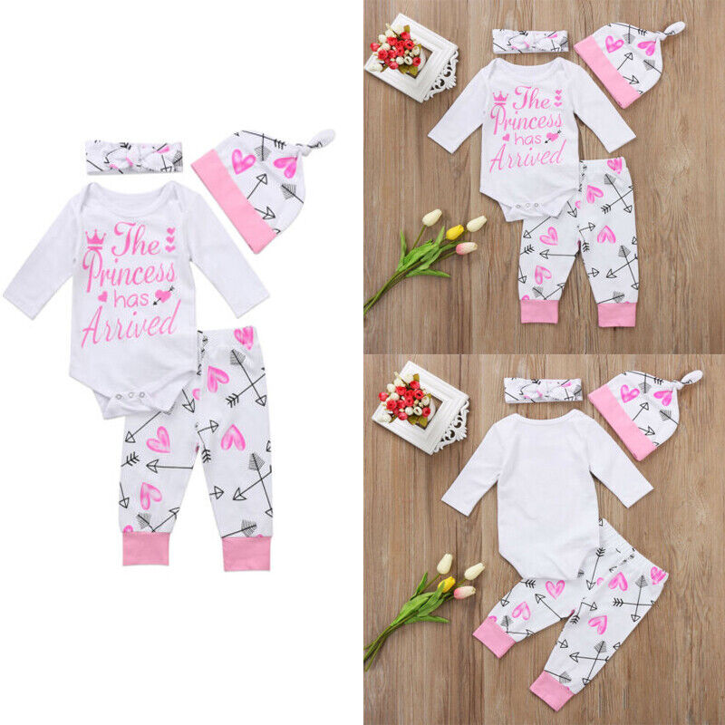 4PCS Newborn Baby Girl Clothes Romper Bodysuit Tops Pants Headband Outfits Set