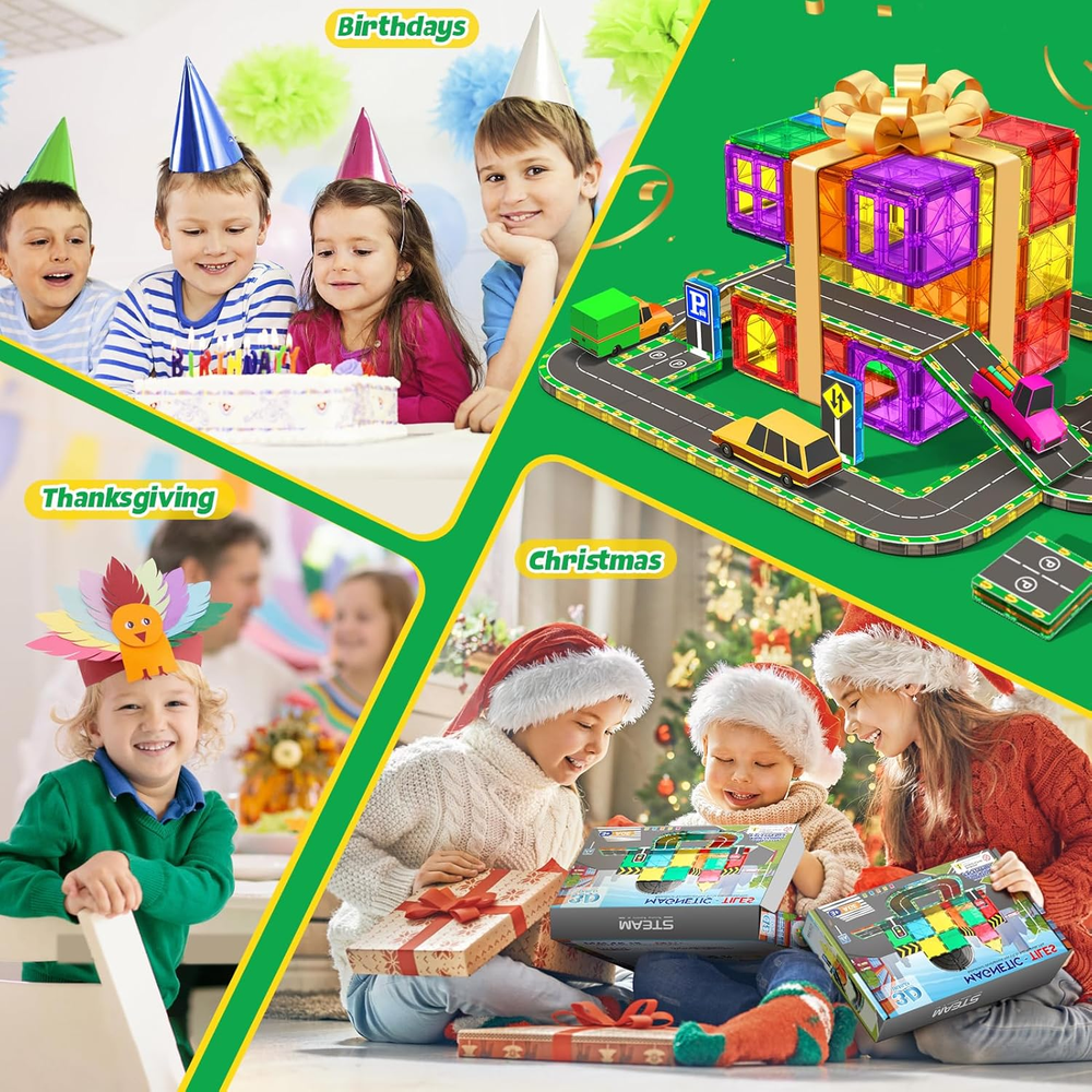 64-Piece Magnetic Building Blocks for Kids Ages 3-8 with Road Expansion Set