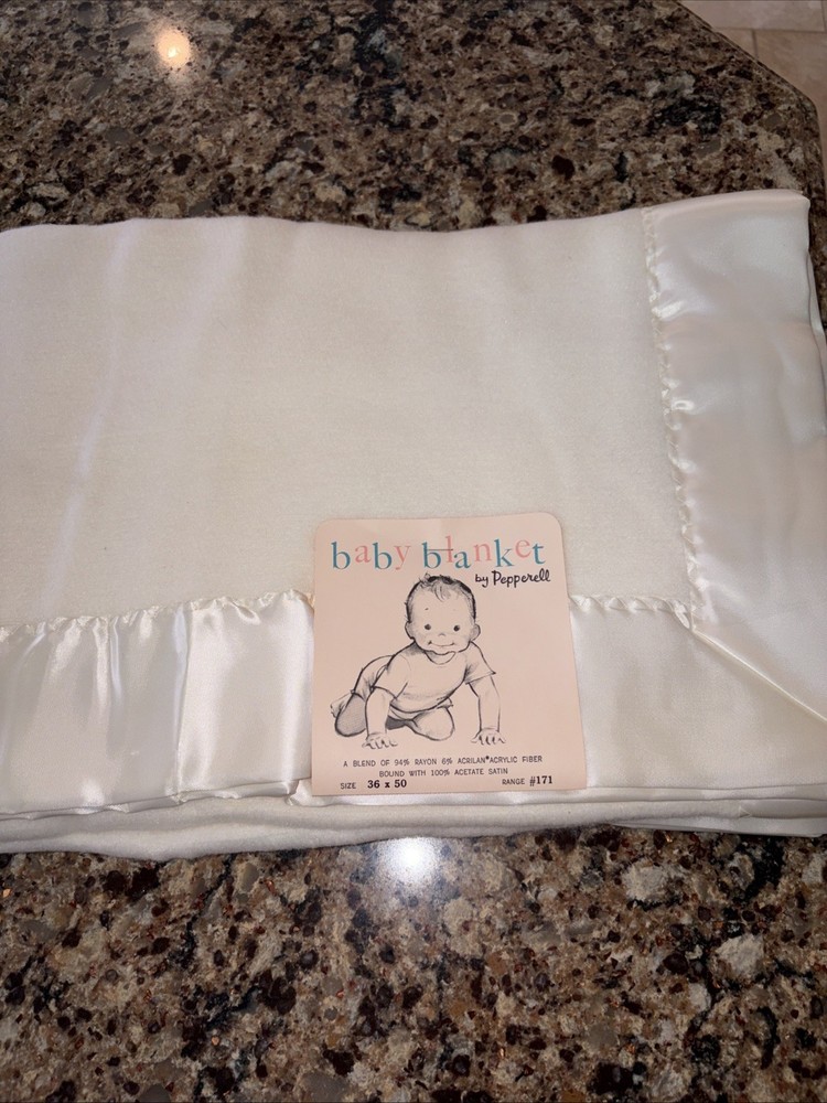 VTG Ivory Pepperell Baby Blanket Satin Trim 36x50 Nursery Crib NOS