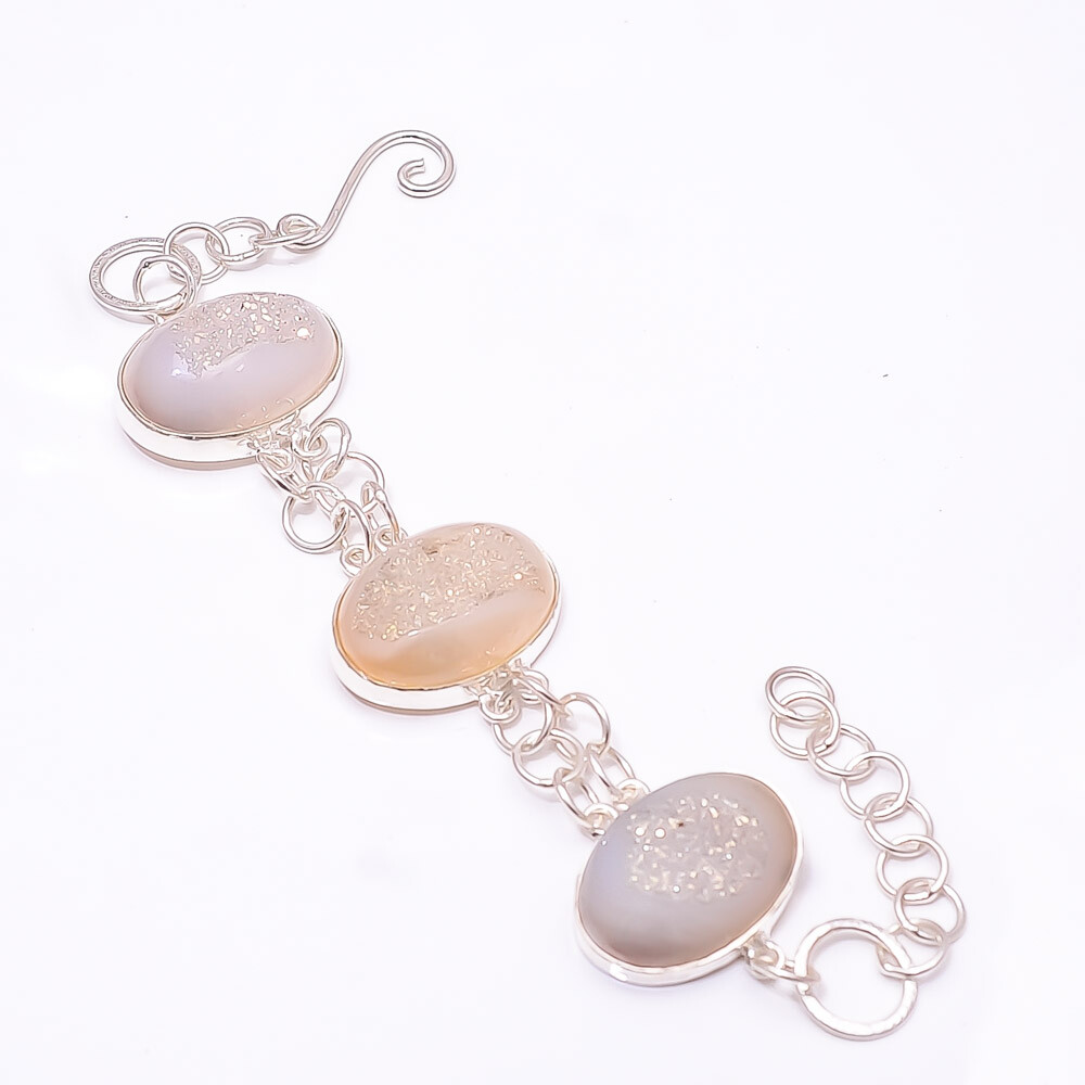 Snow White Titanium Agate Drusy 925 Sterling Silver Adjustable Bracelet 7.99
