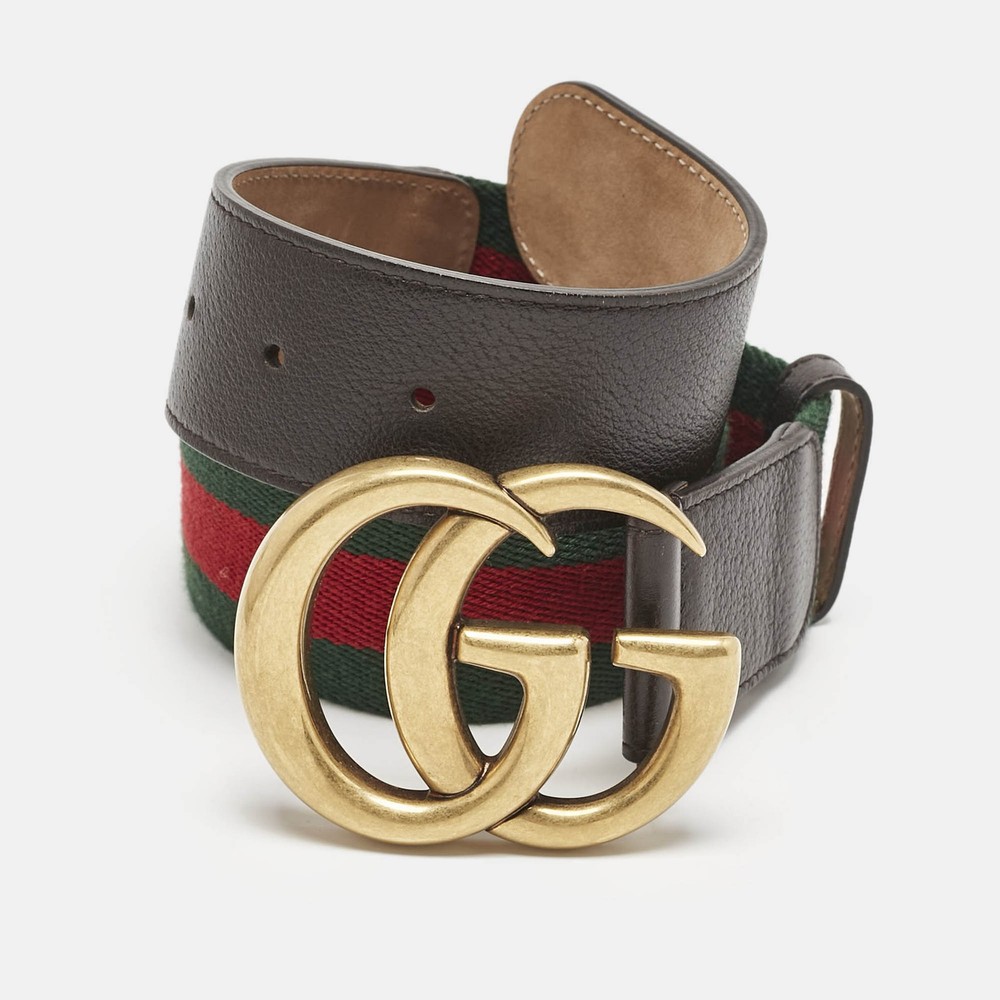 Gucci GG Marmont 85cm Brown Leather & Web Canvas Belt with Buckle