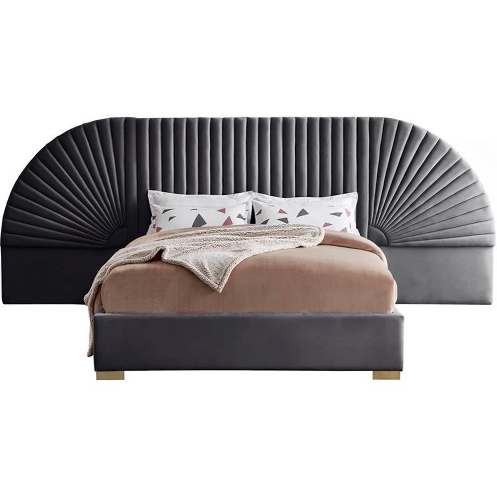 Meridian Cleo Gray Velvet King Bed with Luxe Upholstered Headboard