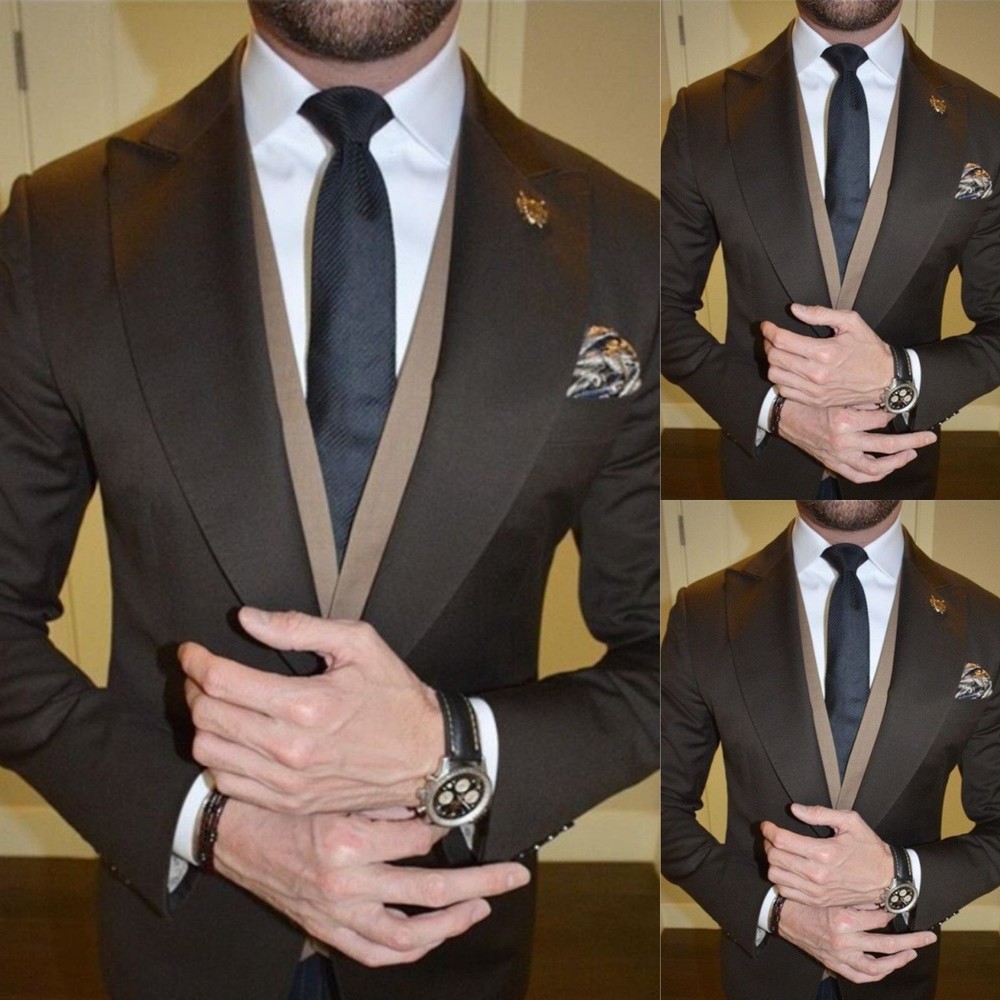 Dark Brown Men's Suits Peak Lapel Formal Business Wedding Groom Tuxedo Two Piece