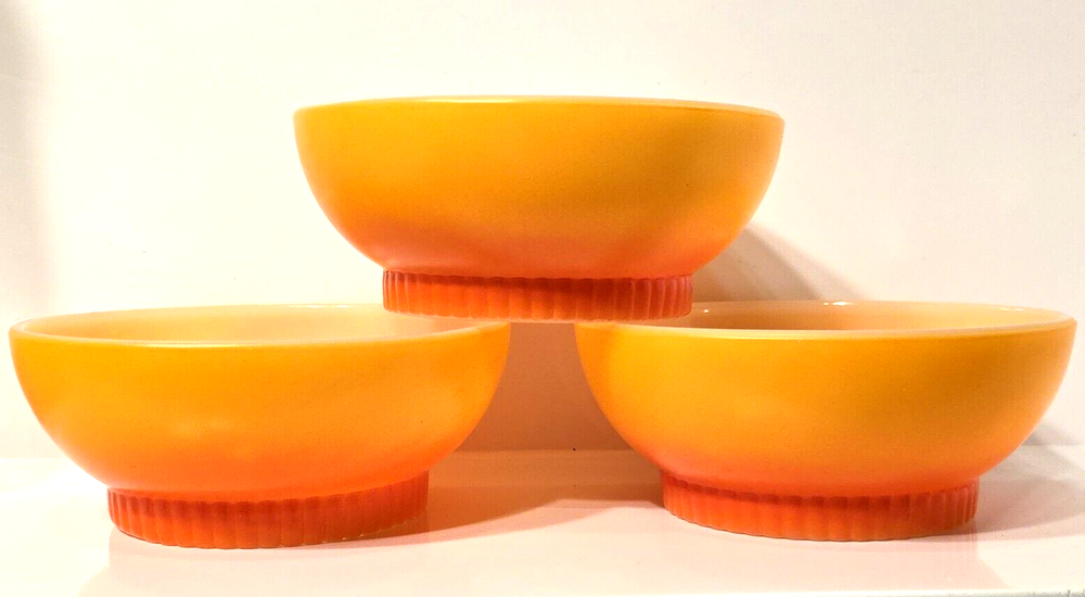 Vintage Fire King Orange Ombre 3-Piece Footed Bowls for Cereal Soup Ice Cream  