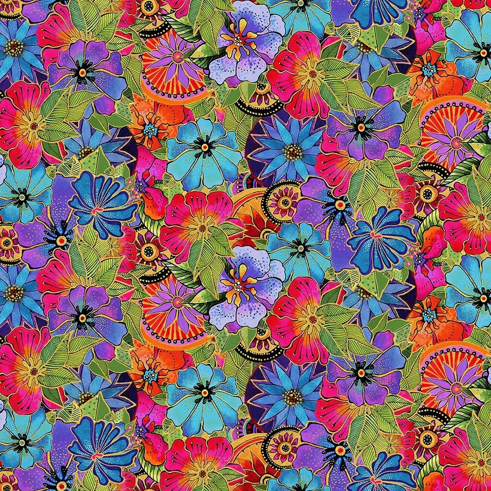 Laurel Burch Earth Song Packed Wild Flowers Multicolor Fabric By the FQ - 1/4 YD