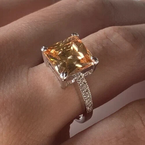 3.60 Ct Princess Simulated Citrine Women Wedding Ring 14K White Gold Over Silver