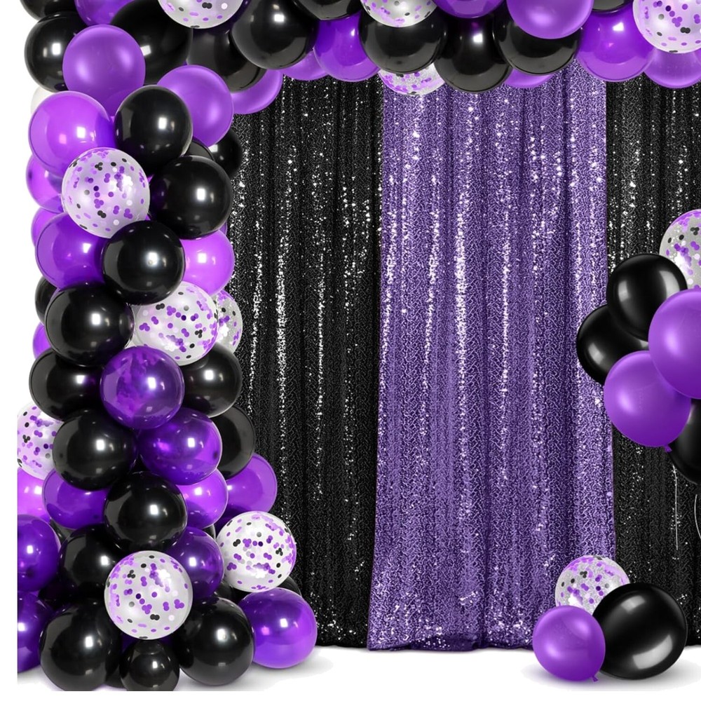 137 Pcs Black Purple Party Decoration Set with 4 Sequin Backdrops & Balloon Kit
