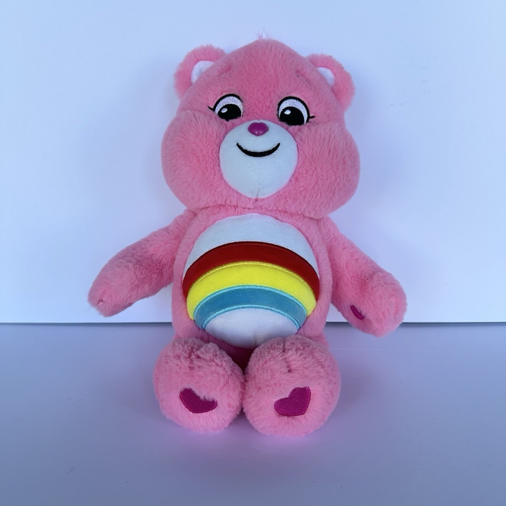 Cheer Bear Care Bear Plush Stuffed Animal Pink with Rainbow Hearts Good Condition