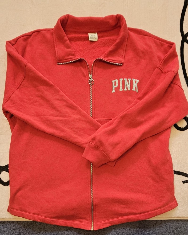 VS PINK - Full Zip - Long Sleeve Fleece - Red Glitter - Medium
