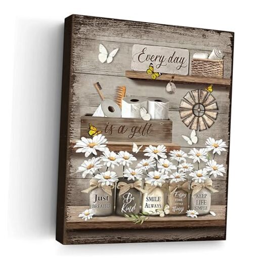Rustic Daisy Wall Art Vintage Bathroom Canvas Print 16L
