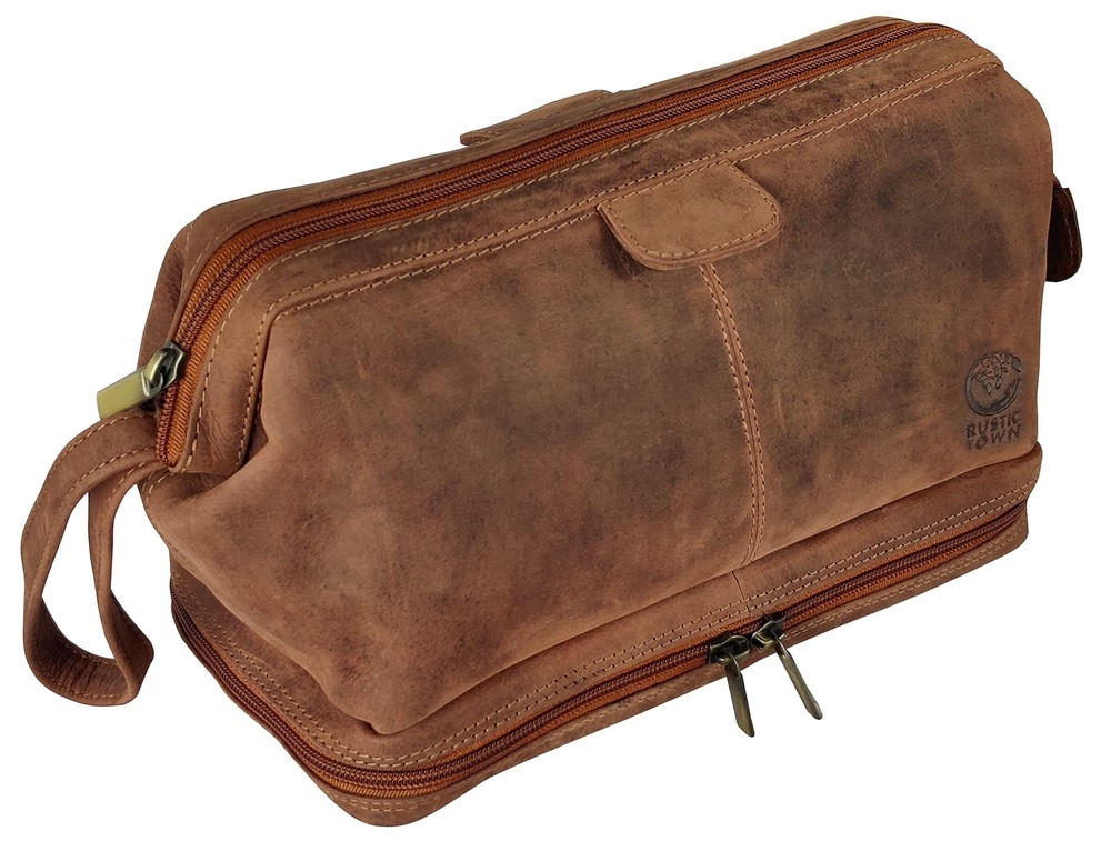 Durable Leather Toiletry Bag for Men - Travel Shaving Dopp Kit with Bathroom Organizer