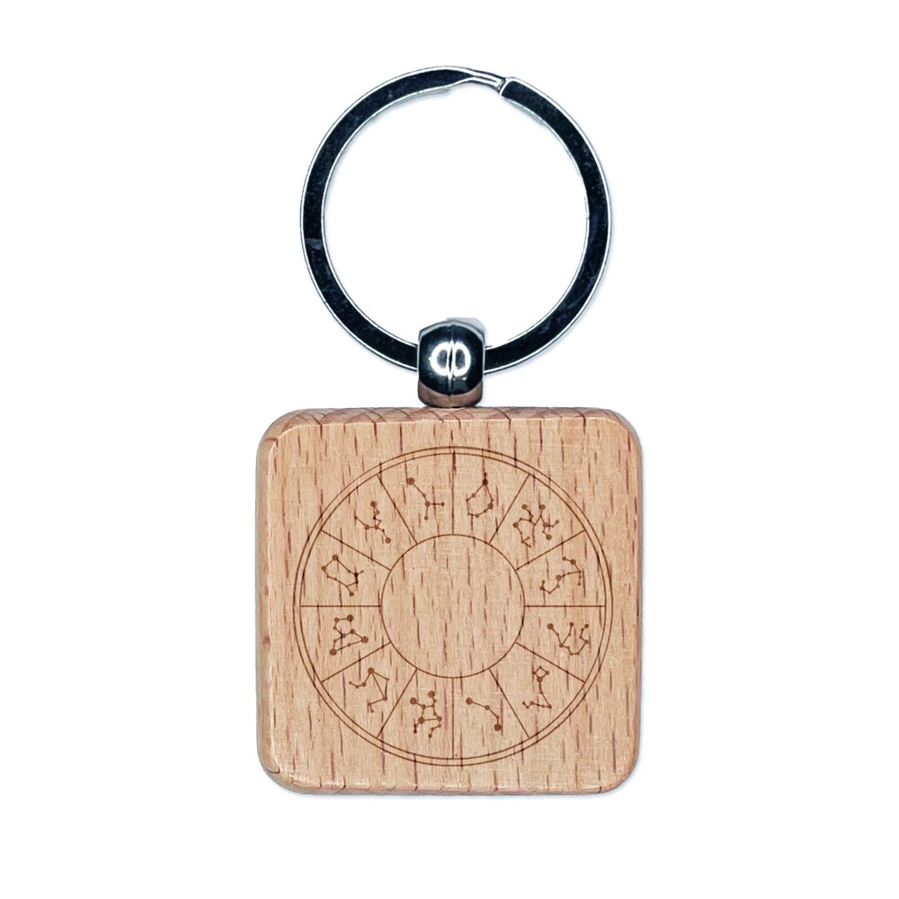 Celestial Zodiac Wood Engraved Keychain Charm with Star Chart