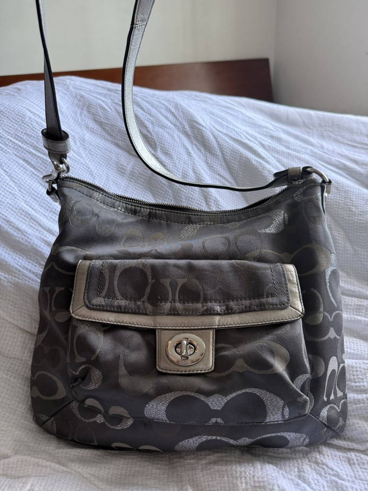 Vintage Coach Signature Dark Grey Silver Hobo Bag with Silver Trim