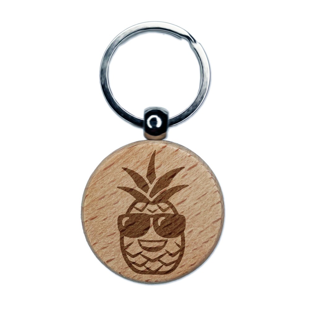 Pineapple with Sunglasses Engraved Wood Round Keychain Tag Charm