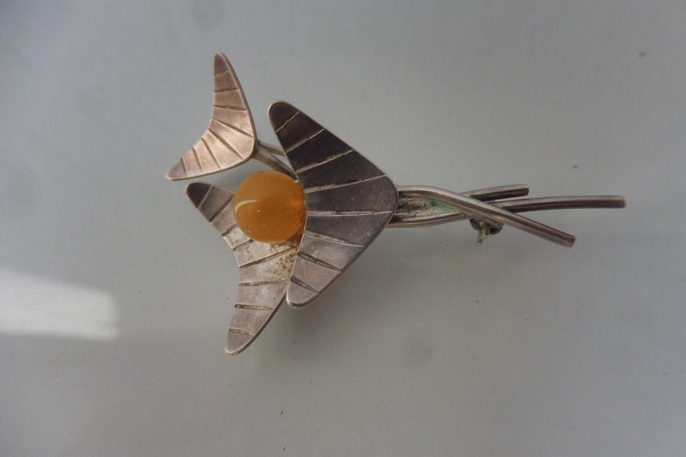 Beautiful, old brooch, pin, 835 silver with amber