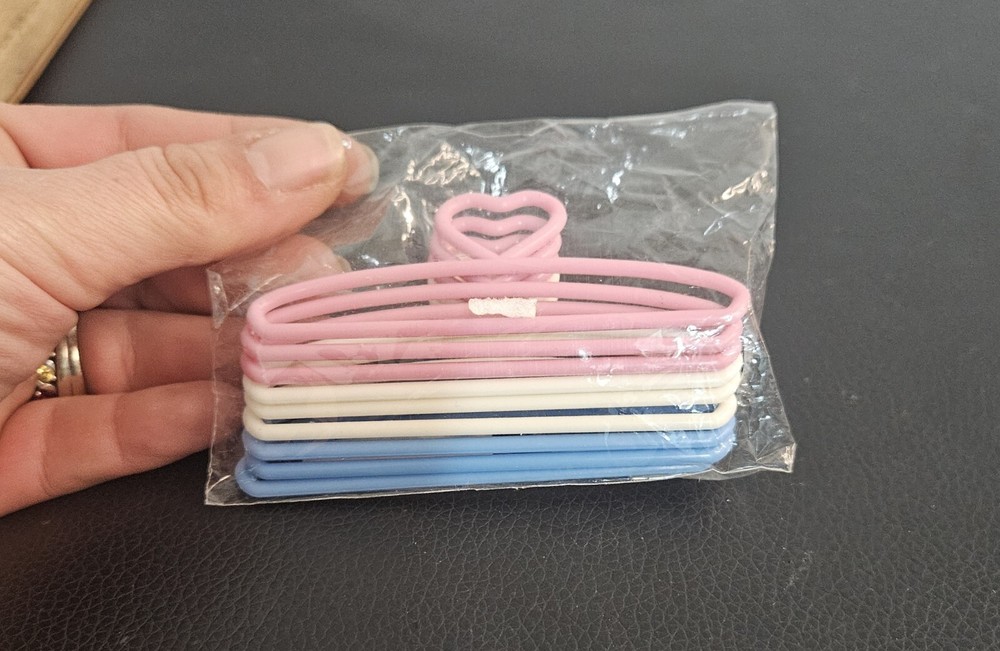 Pink , White, & Blue Mini Plastic Hangers, Doll, Cross Stitch  Set of 9- 3.25 x