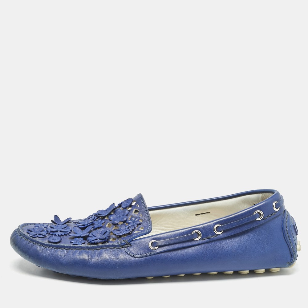 Dior Blue Laser Cut Floral Leather Loafers Size 39.5 Flore